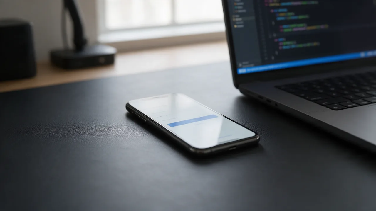 Smartphone with an app sign-in screen beside a laptop running a code editor