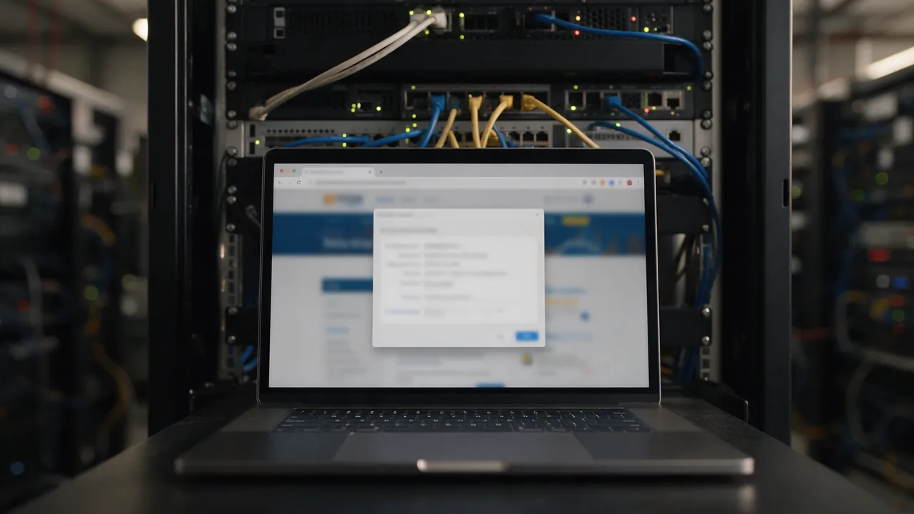 Laptop in front of a server rack, browser showing a blurred website certificate details dialog