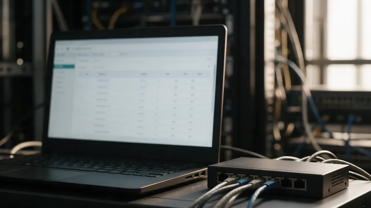 Laptop with a blurred DNS record table next to a network switch and patch cables