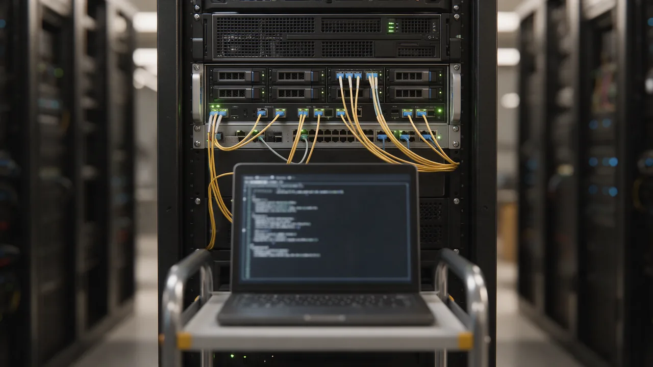 Server rack with yellow fiber patch cables and a laptop showing a blurred terminal