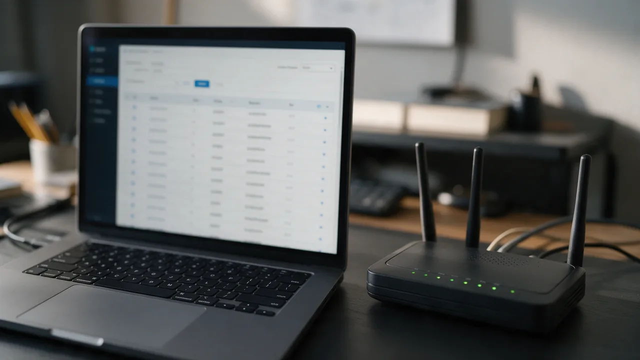 Laptop with a blurred table of DNS records next to a router with green status lights