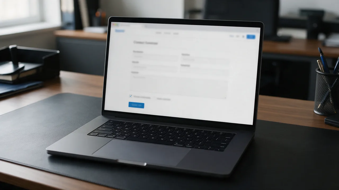 Laptop on an office desk showing a web form with a ticked consent checkbox