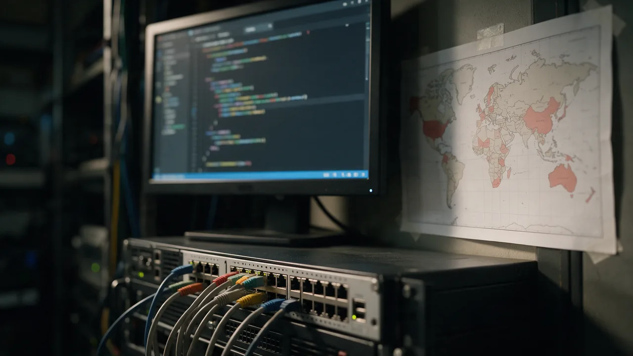Monitor with a blurred web server config, world map with shaded countries taped beside it
