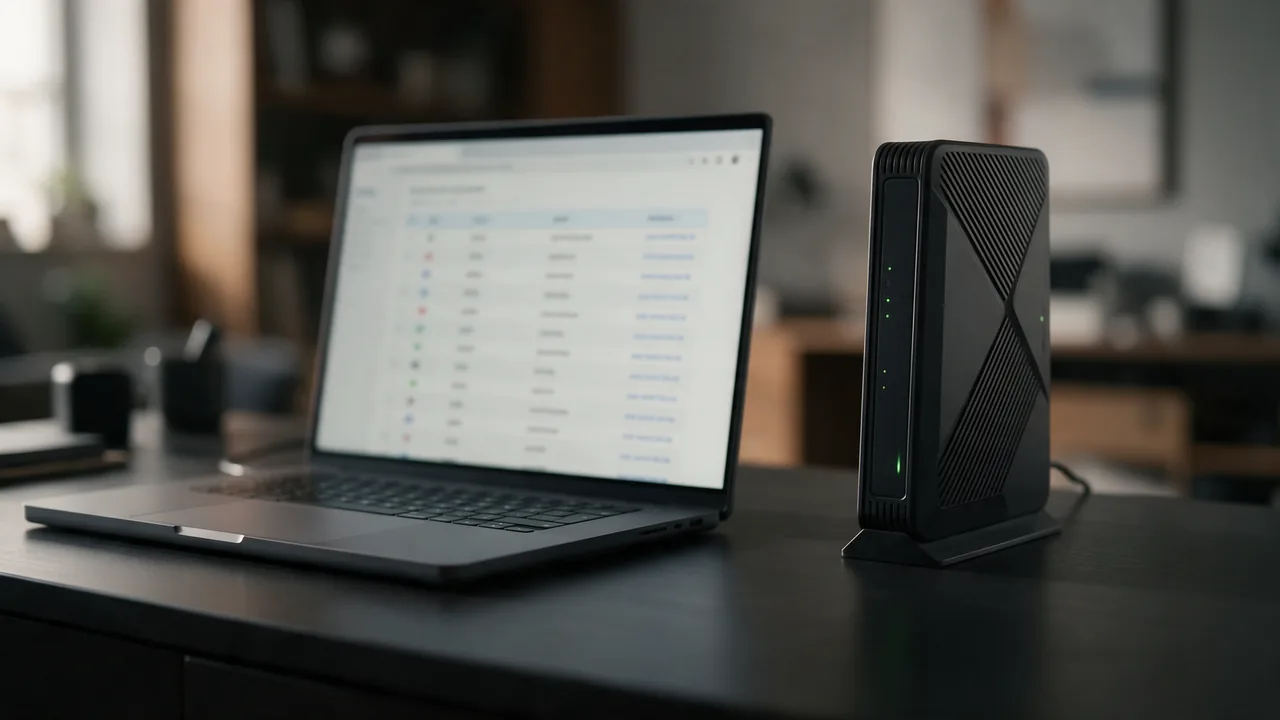 Laptop with blurred DNS lookup results on a home desk beside a Wi-Fi router