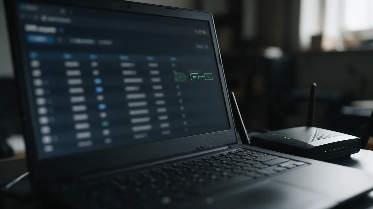 Laptop with a blurred DNS records table and green chain of boxes, router beside