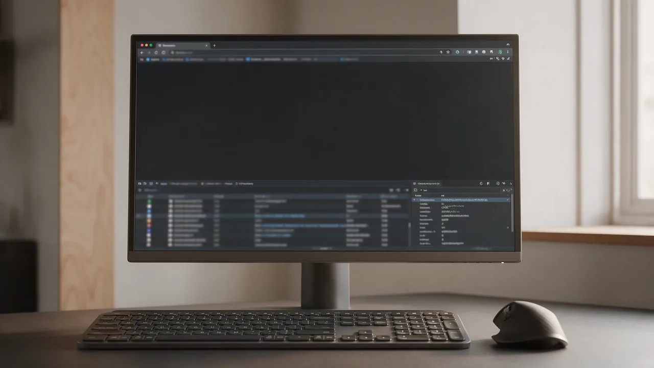 Monitor with a browser's developer tools open, showing a network request list and response headers pane