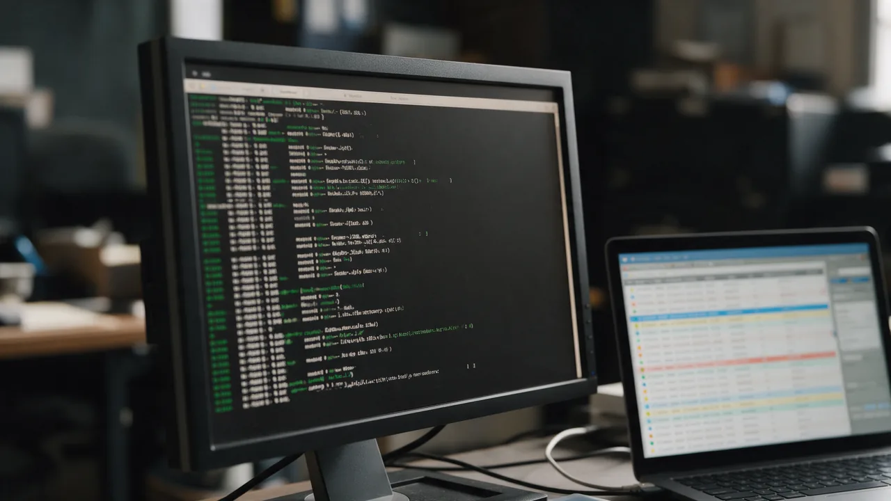 Monitor with blurred terminal command output and a laptop showing a captured packet list