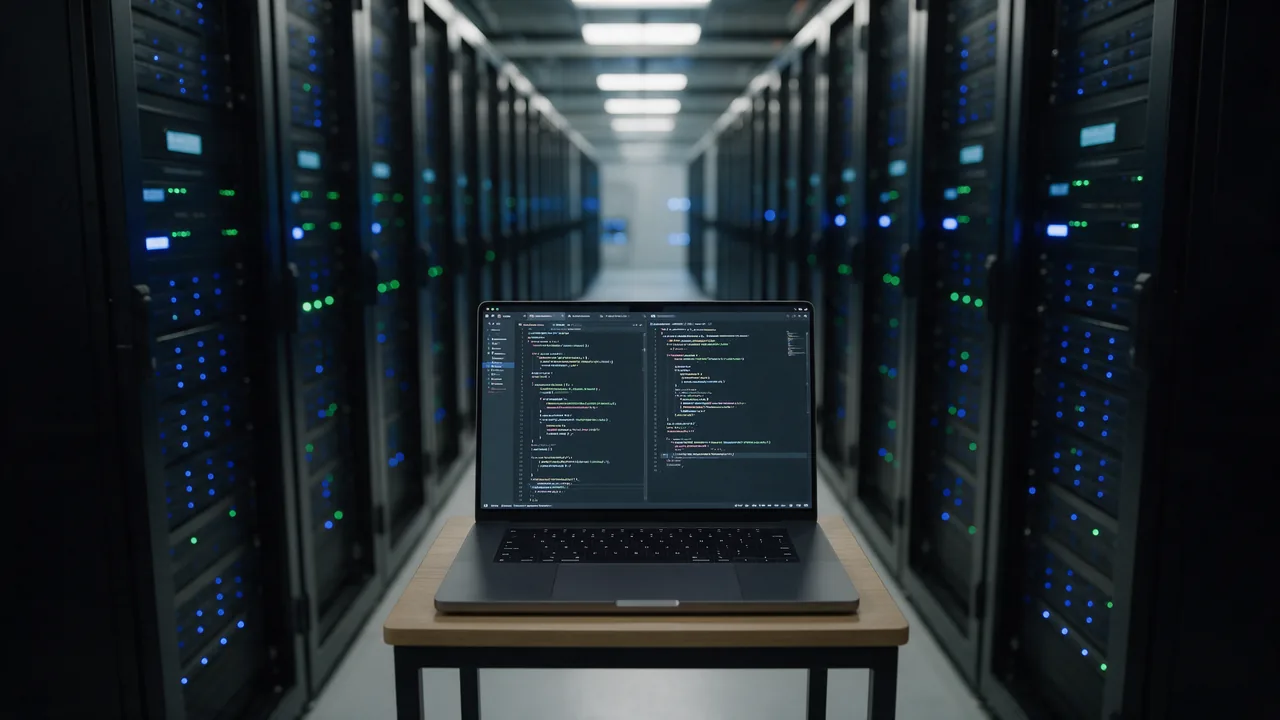 Laptop on a table in a data center aisle showing two blurred config files
