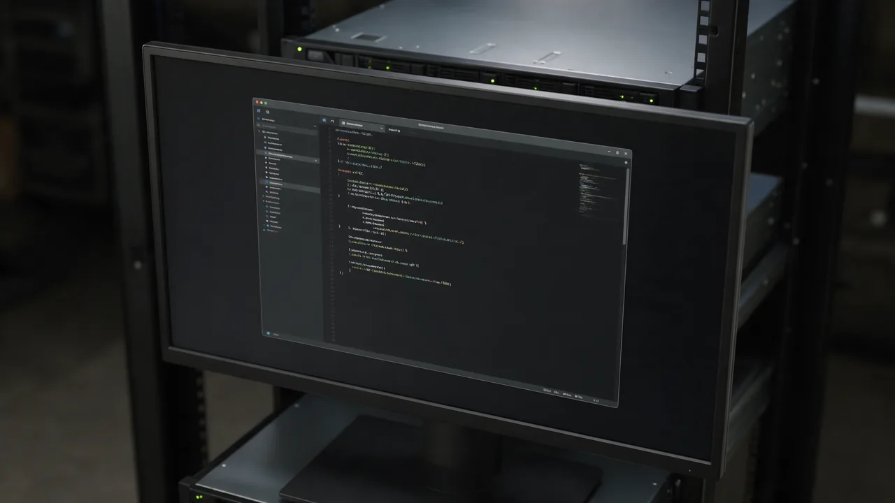 Monitor in a server room showing a blurred web server config file, rack server behind