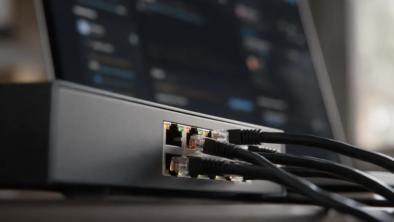 Ethernet cables in switch ports with lit LEDs, a laptop with a blurred screen behind
