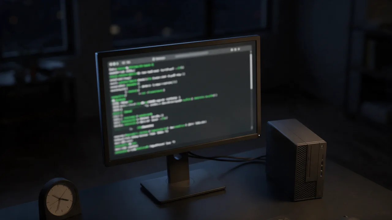 Monitor with blurred terminal output on a dark desk, small server and desk clock beside it