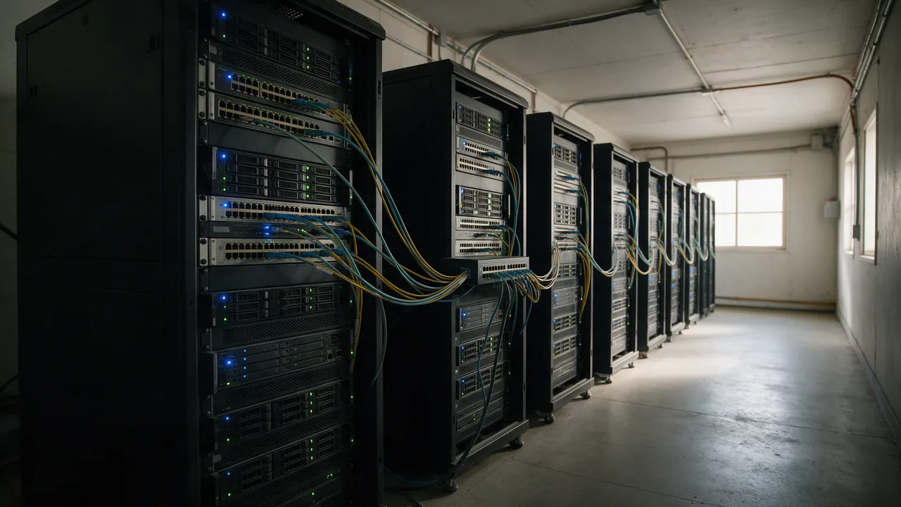 Row of server racks with switches and fiber optic cables in a small data center