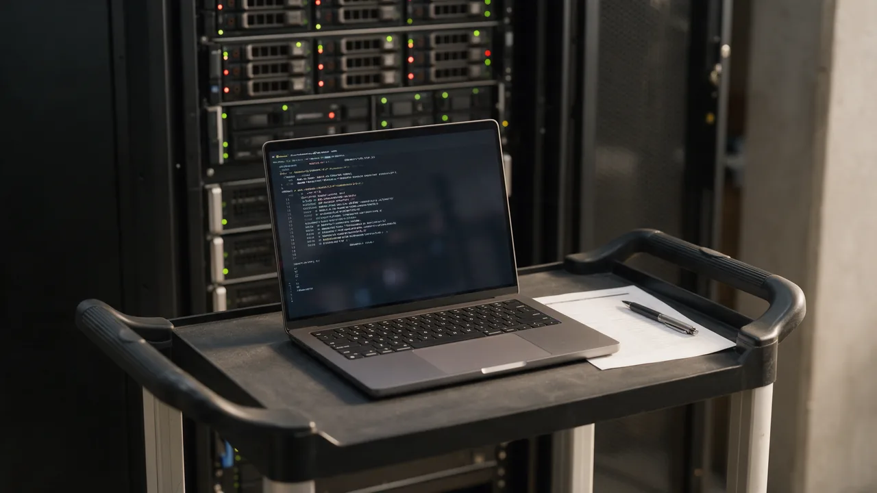Laptop with a blurred terminal on a server room cart, printout and pen beside