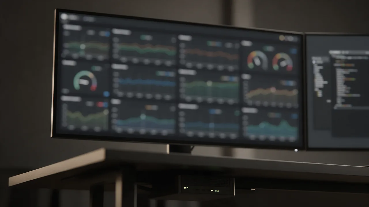 Monitor with a dark dashboard of graphs and gauges, a terminal screen and server