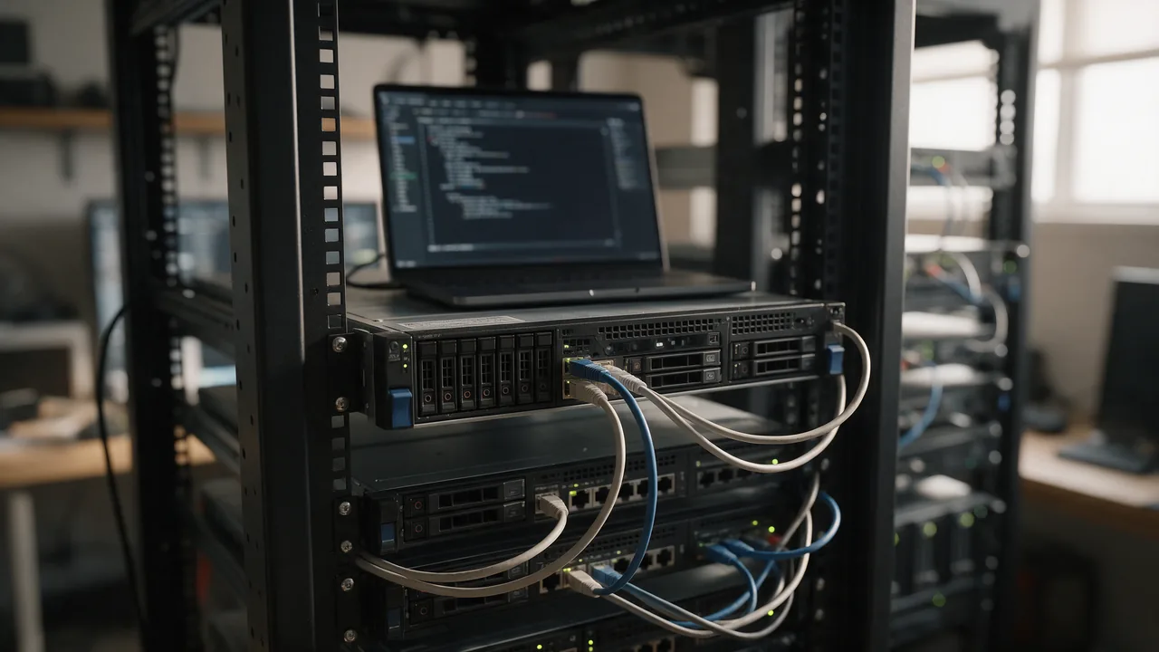 Server rack with a front server cabled to servers below, laptop showing a config