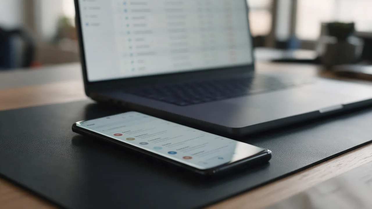 Smartphone with a blurred email inbox on a desk, laptop with a DNS records table behind