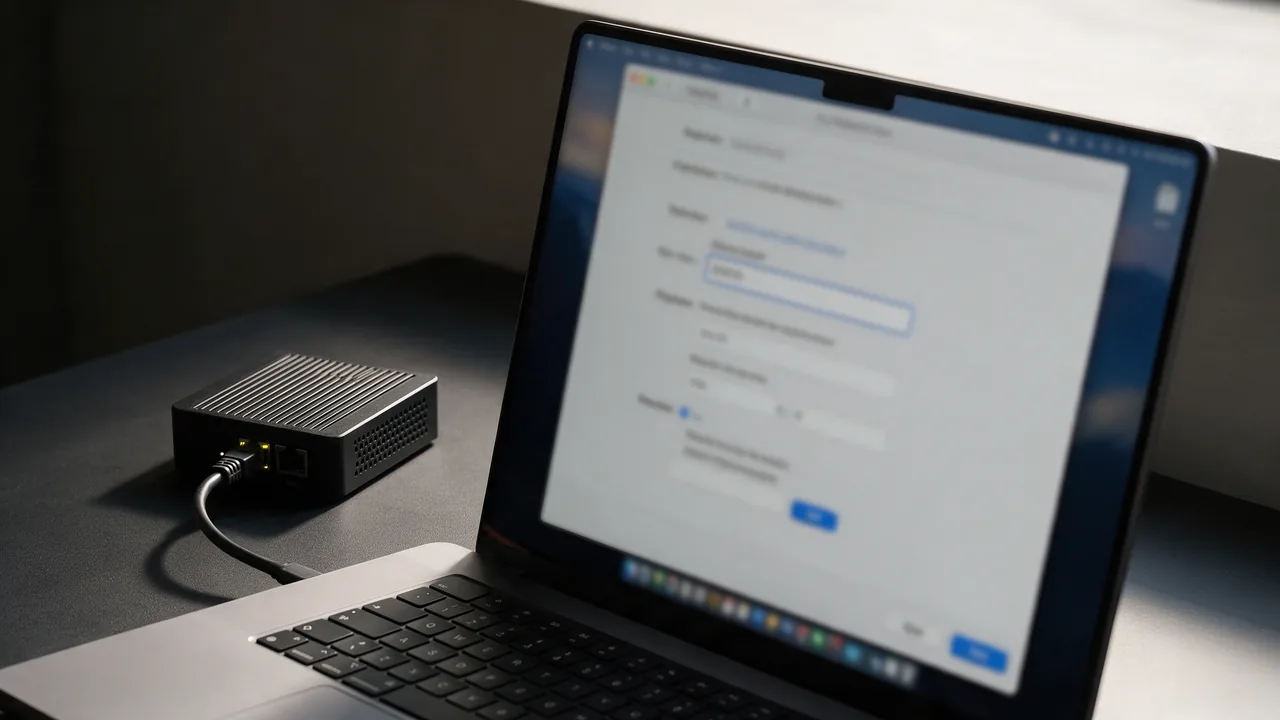 Laptop showing proxy settings with host and port fields next to a mini server
