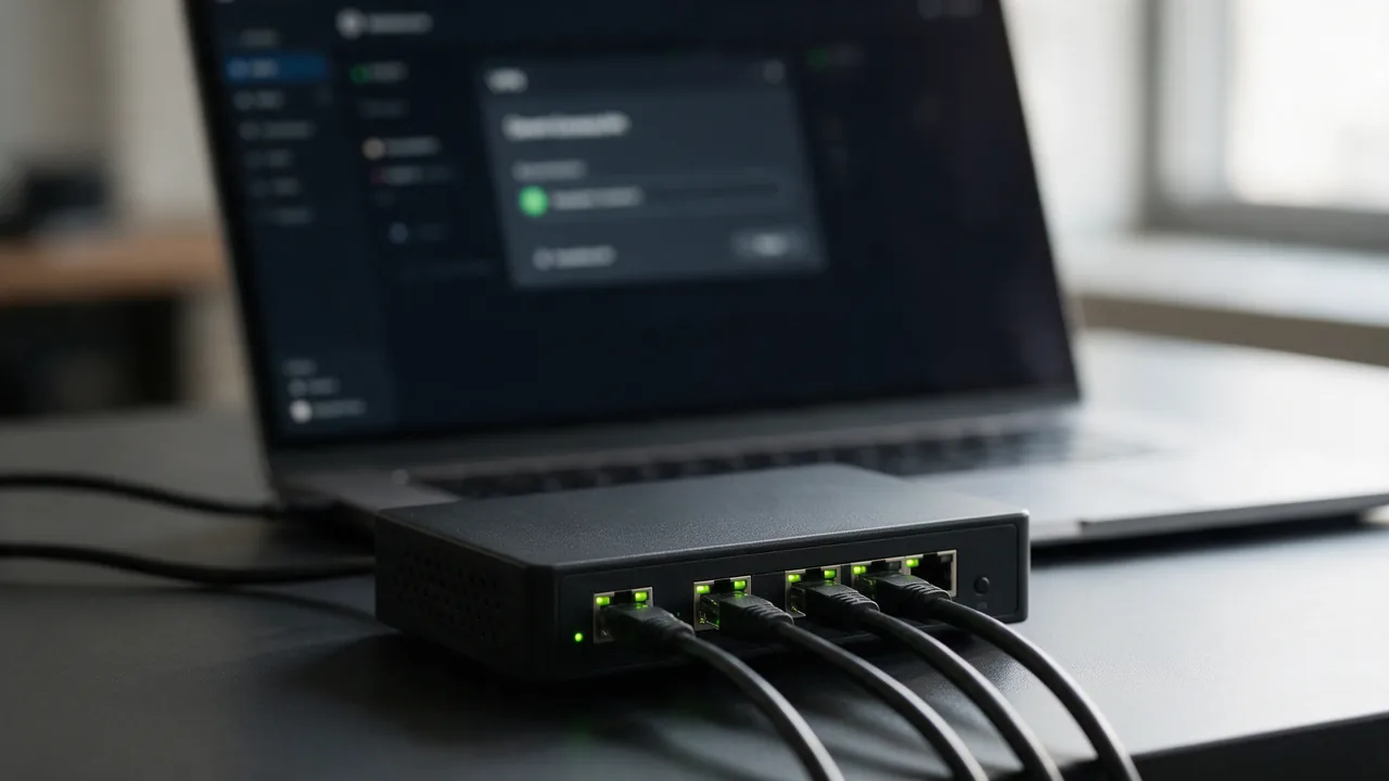 Compact VPN router with plugged ethernet cables and green LEDs, laptop with blurred window behind