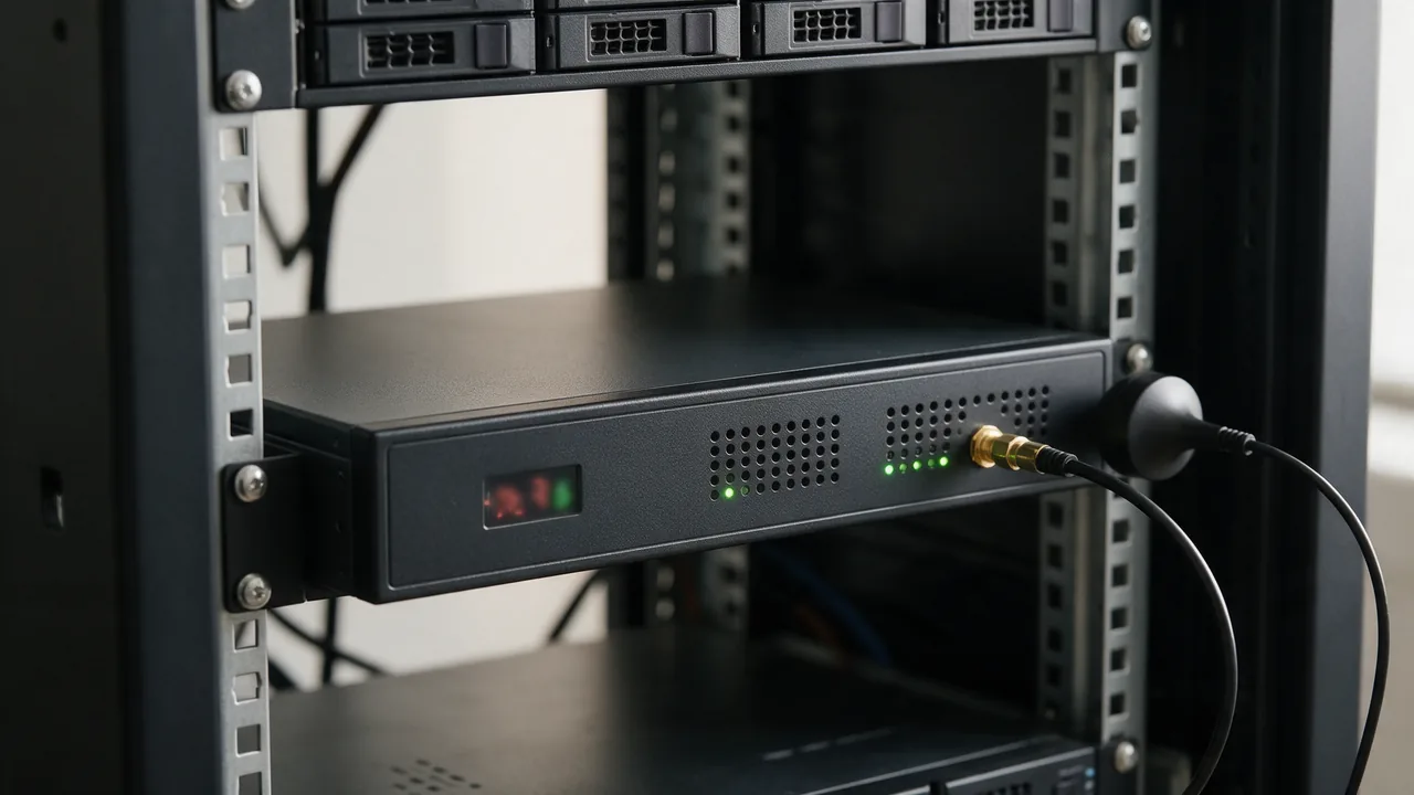 Rack-mounted network time server with a glowing display and a GPS antenna cable attached