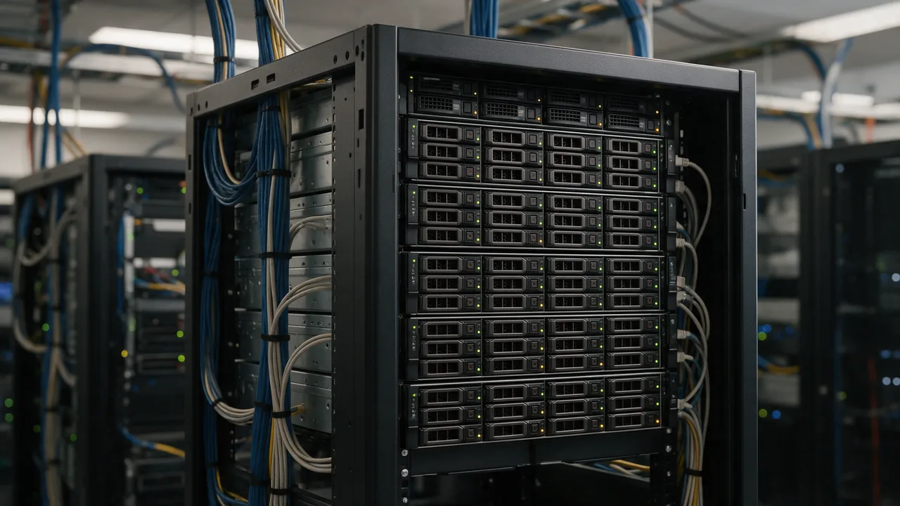 Database server rack in a data center with drive bays, status LEDs and routed cables