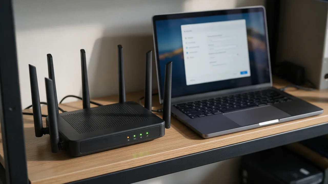 Router with antennas and status lights on a shelf beside a laptop showing VPN connection settings