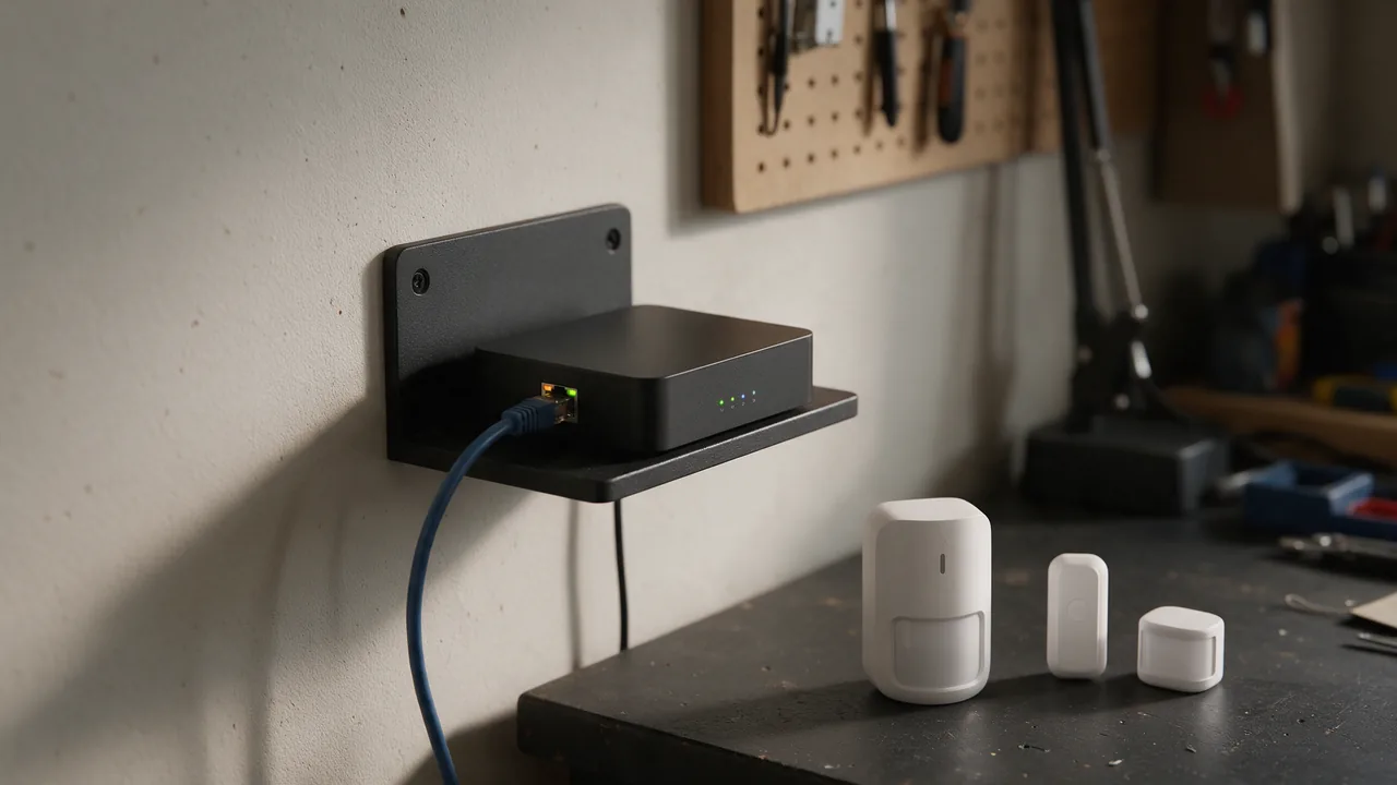 IoT-шлюз на настенной полке с сетевым кабелем, рядом на верстаке белые беспроводные датчики