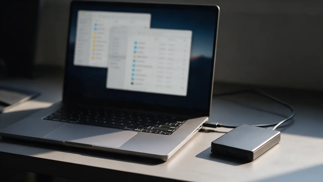Laptop with two blurred file manager windows and an external drive connected by cable