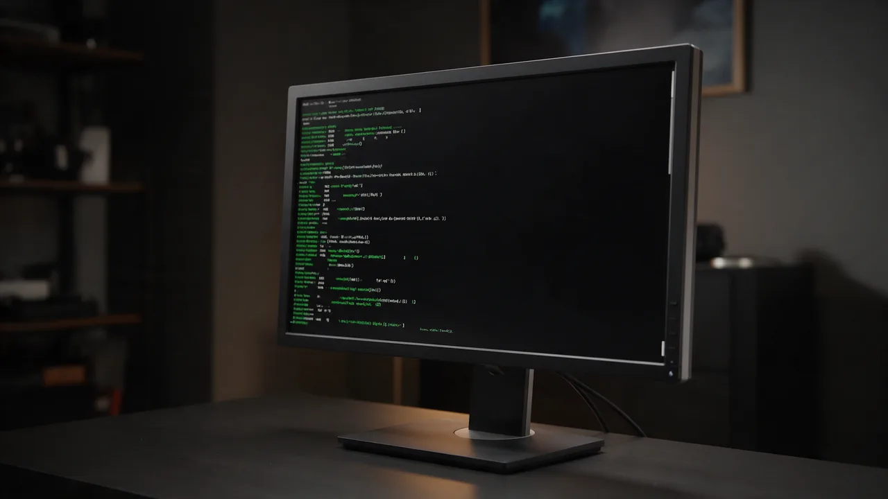 Monitor in a dark room with a black terminal window and blurred green remote session output