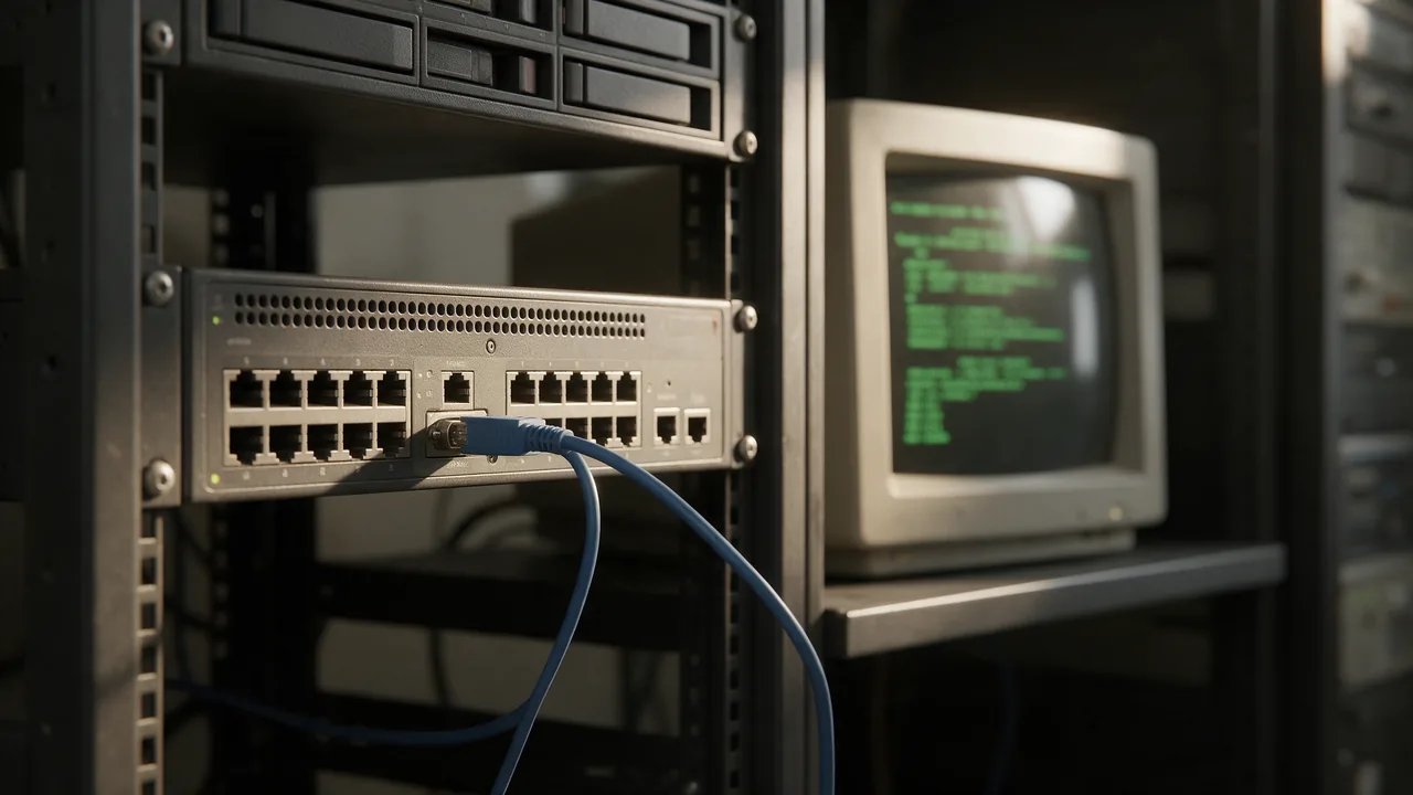 Old rack-mounted switch with a console cable attached and a CRT monitor showing green terminal lines