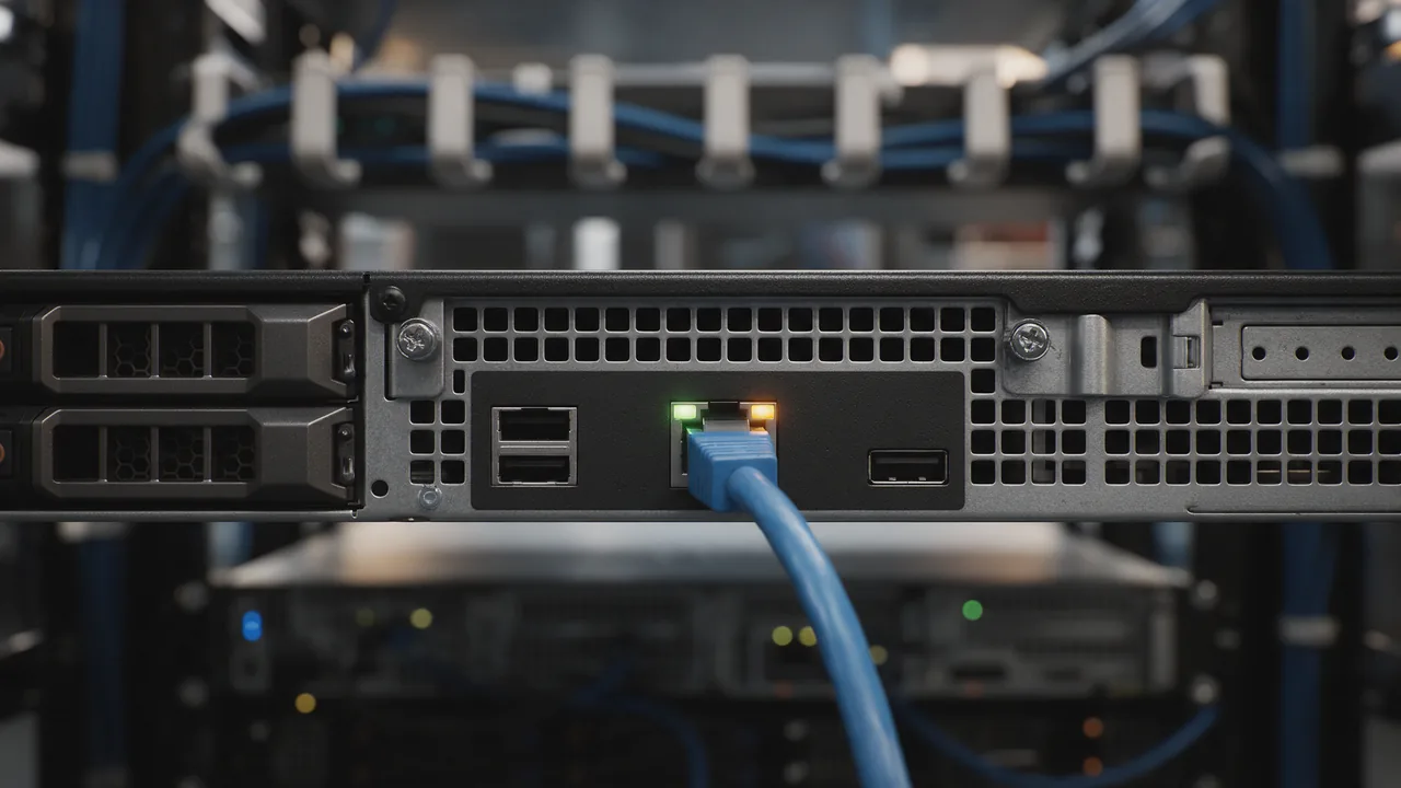 Back panel of a rack mail server with a blue ethernet cable and link LEDs