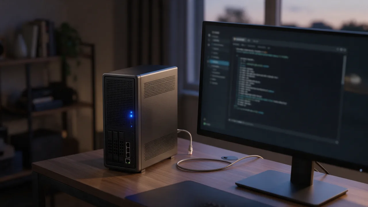 Compact home server with a blue light beside a monitor showing a blurred console