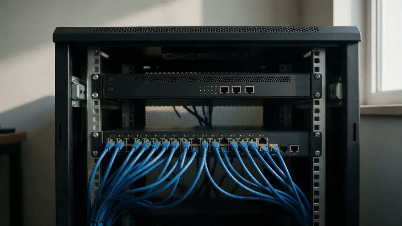 Network cabinet with a proxy server above a switch full of blue patch cables