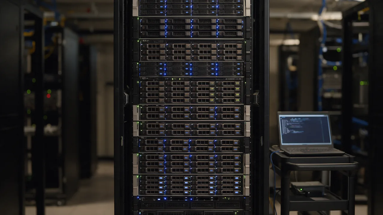 Database server rack with blue LEDs in a dark data center, laptop on a cart