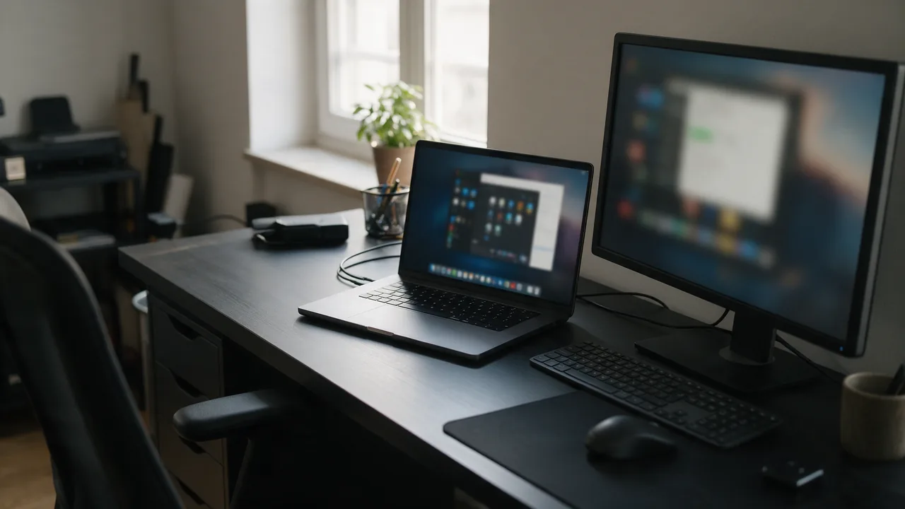 Home office desk where a laptop and monitor show a blurred remote desktop session