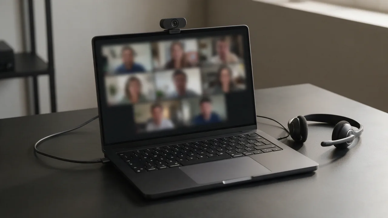 Laptop with a webcam on top showing a blurred video call grid, headset lying beside it