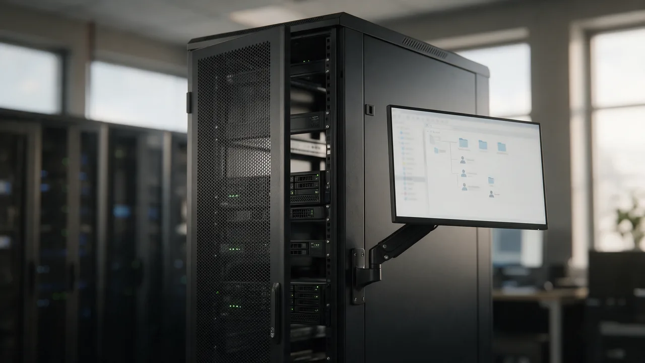 Server cabinet with an arm-mounted screen showing a blurred tree of folders and user accounts