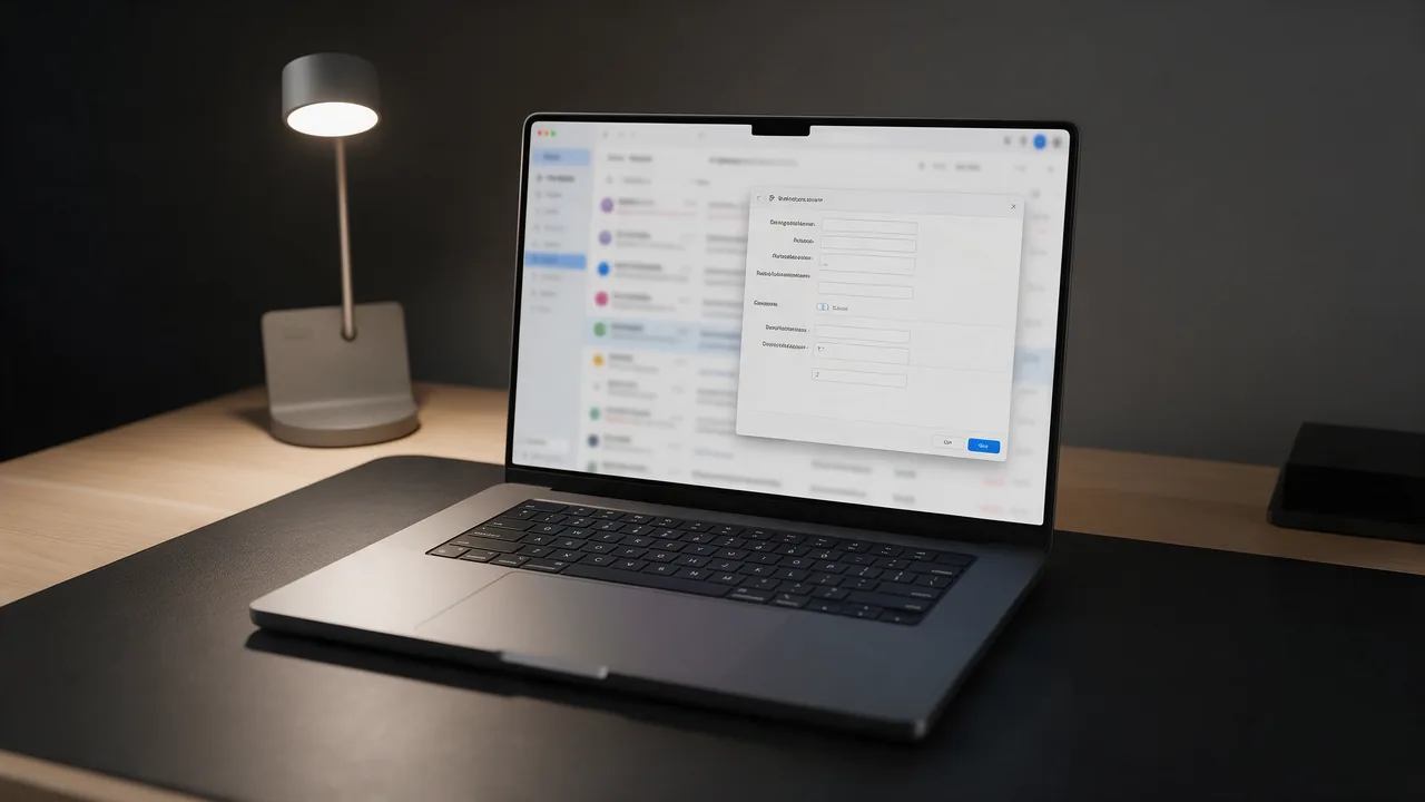 Laptop with an email client and outgoing mail server settings beside a desk lamp