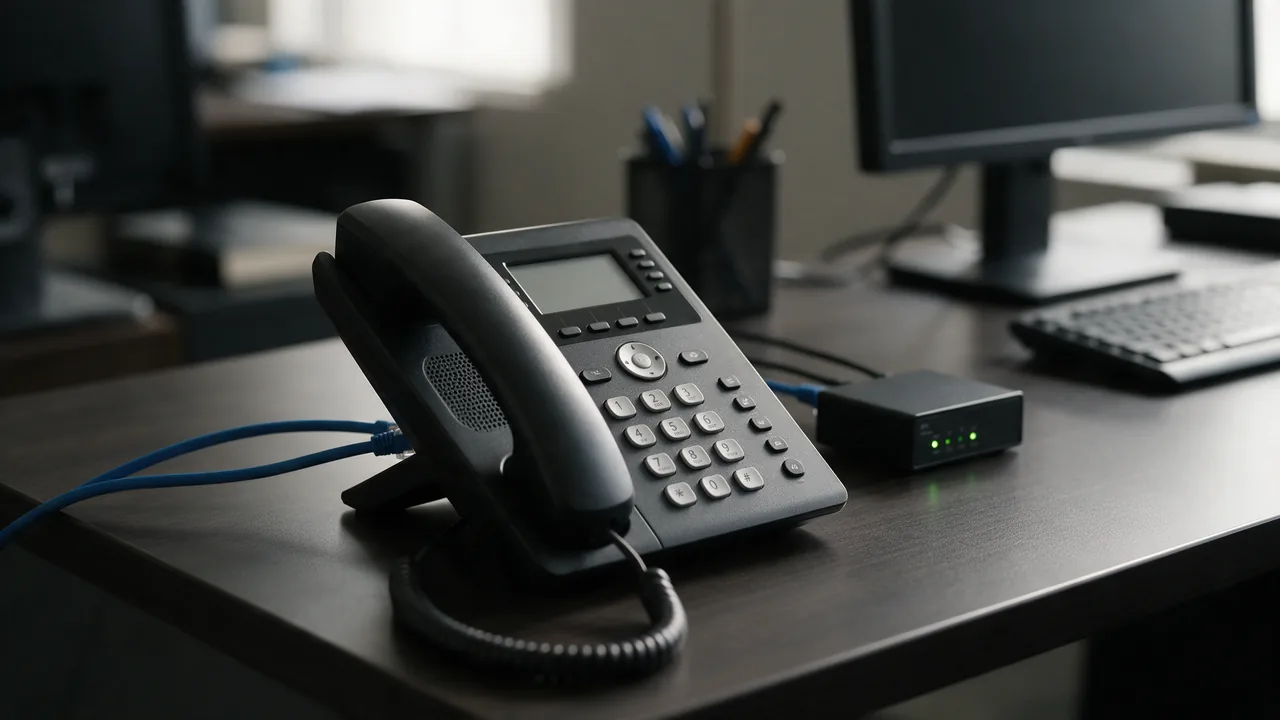 Desk IP phone with a network cable next to a small VoIP gateway with green lights