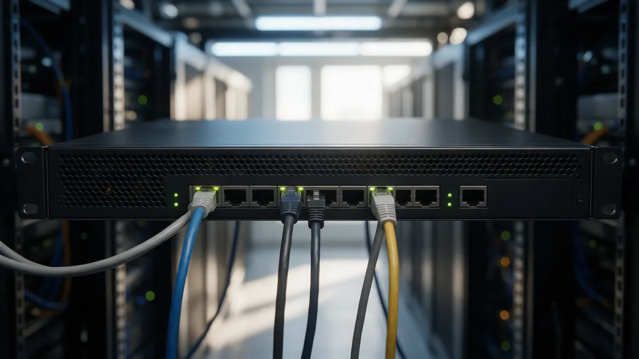 Rack server in a data center aisle with network cables plugged in and green port LEDs