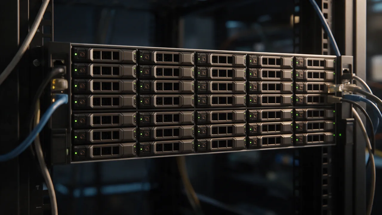 Storage server front panel with drive bays, green activity lights and network cables
