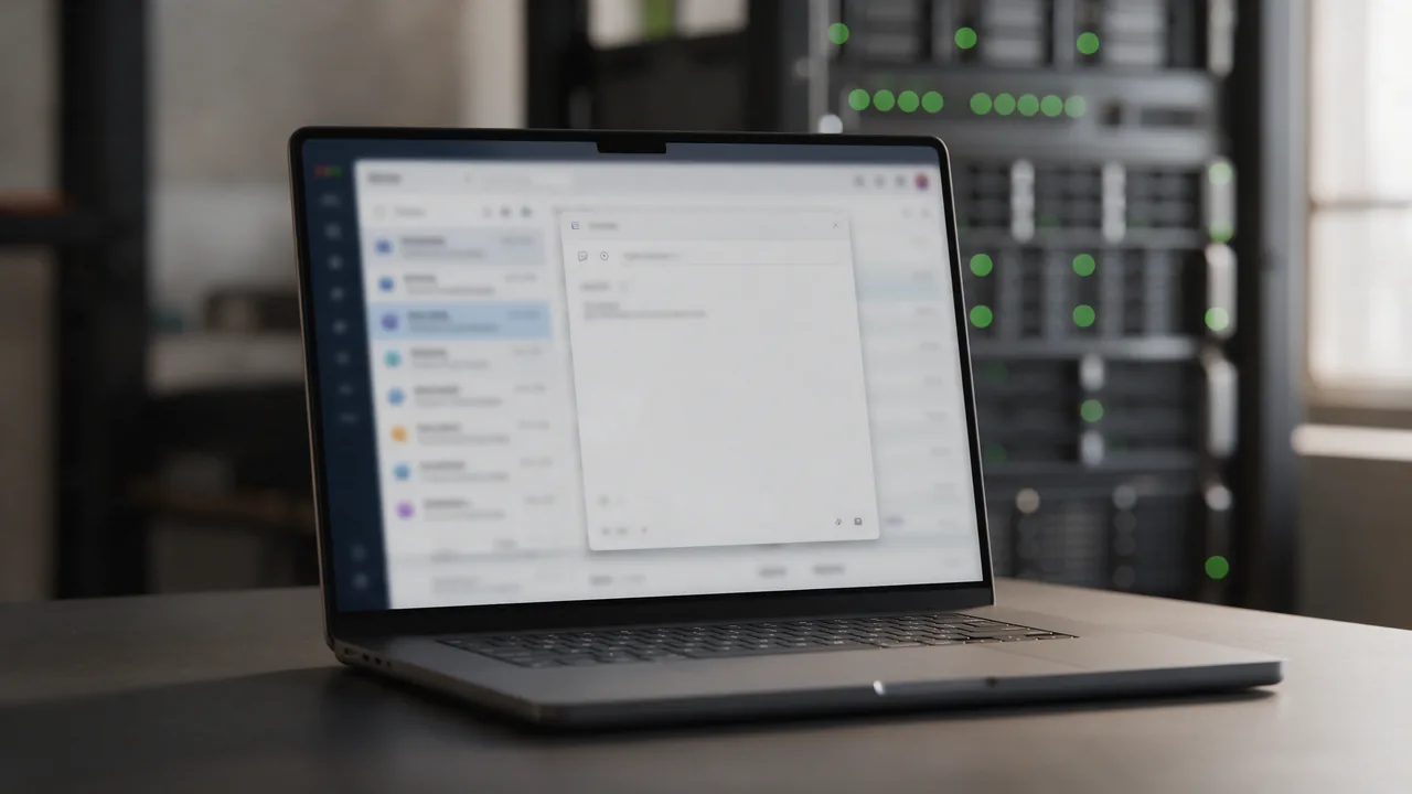 Laptop with a blurred email client and new message window, server rack in the background