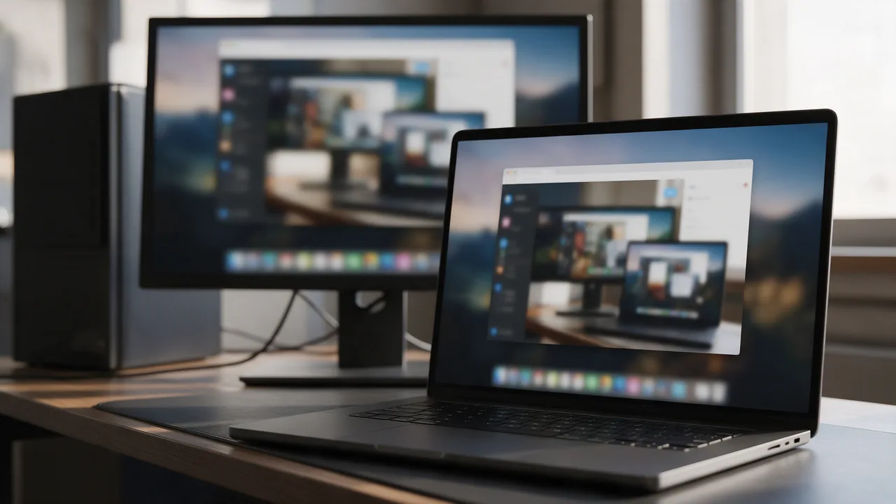 Laptop showing a blurred remote desktop window, with a monitor and desktop tower behind