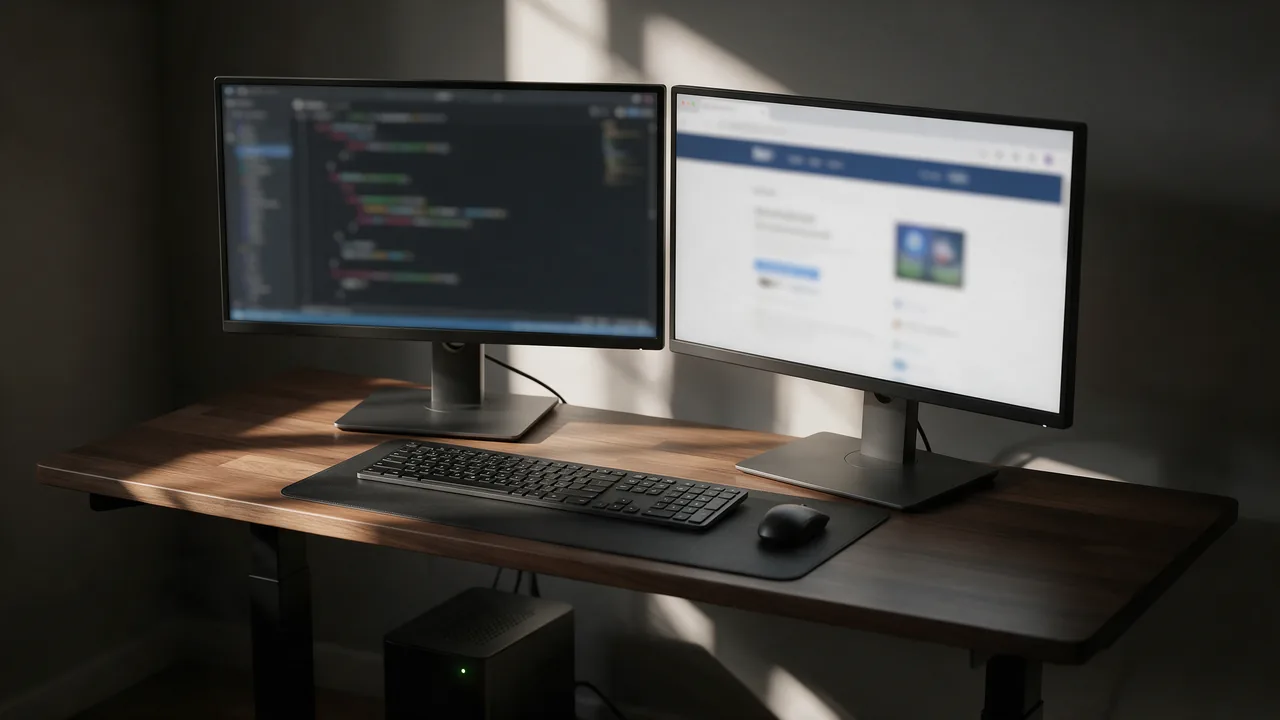Developer desk with a code editor monitor, a local web app in a browser, home server