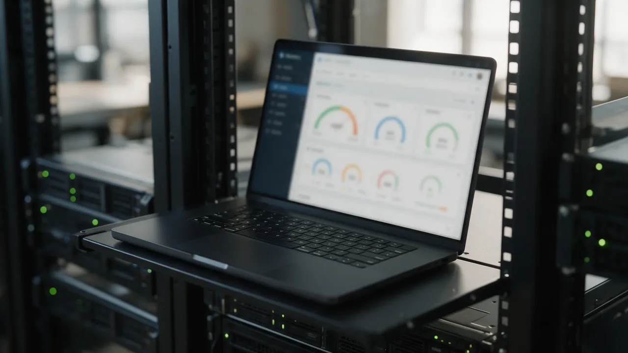 Laptop on a server rack shelf showing a blurred web admin panel with circular load gauges