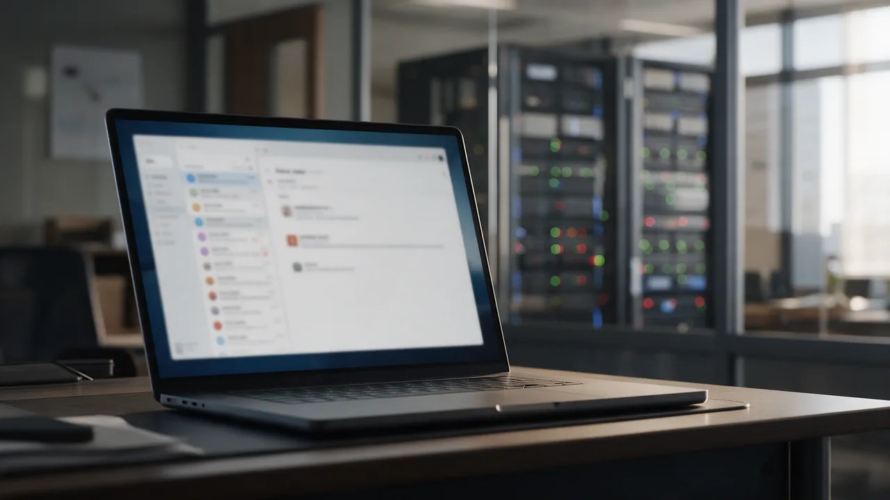 Laptop with a blurred email inbox, racks of mail servers behind a glass partition