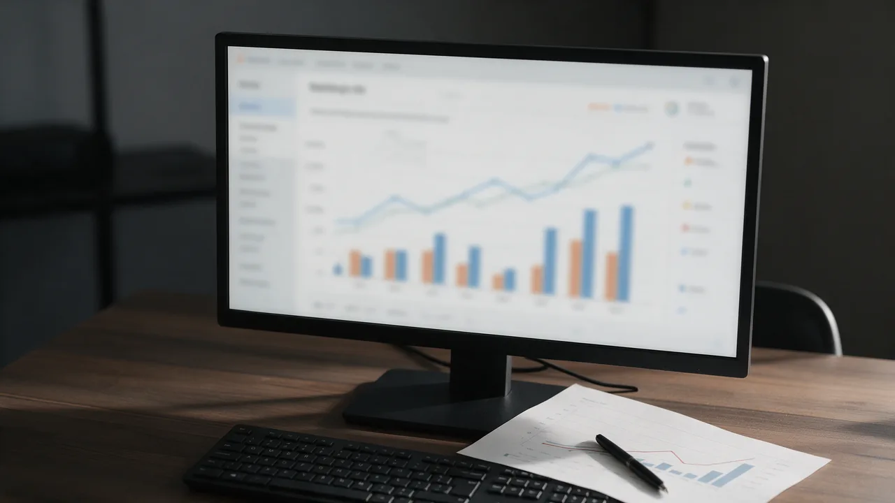 Monitor with bar and line charts in an analytics report, printed chart and pen