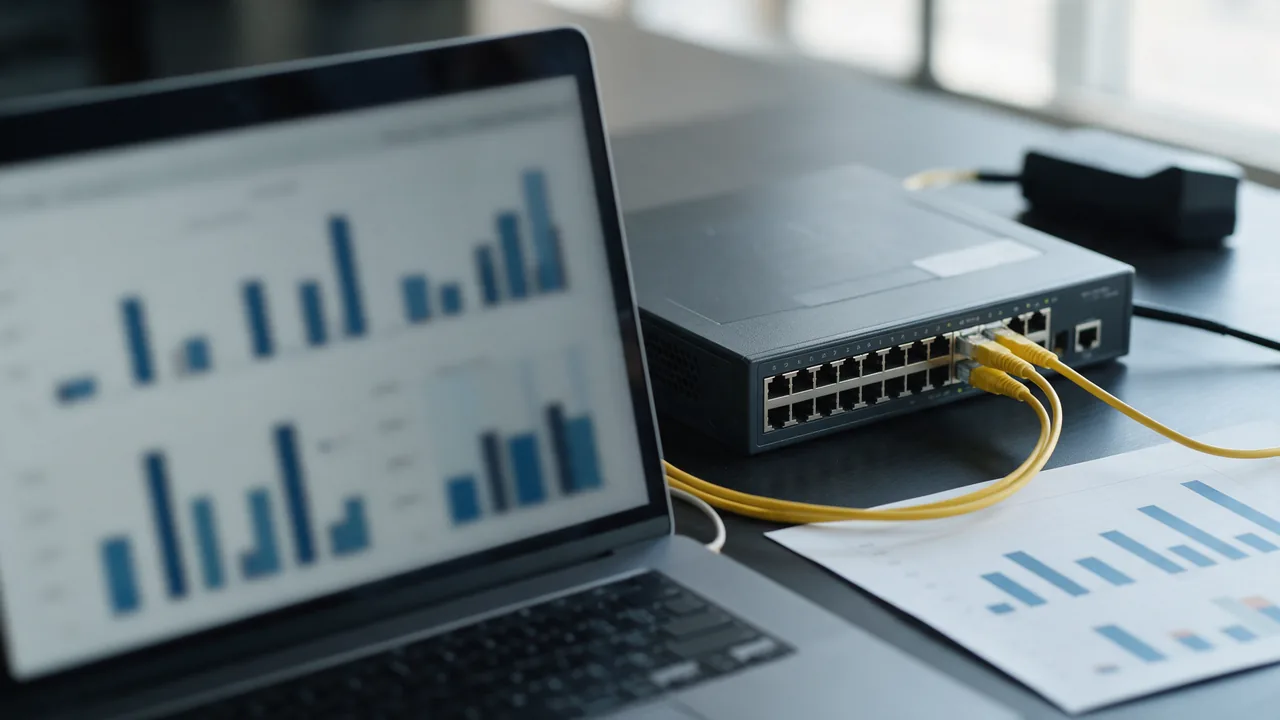 Laptop with blurred bar charts of differing heights, switch with yellow patch cords and chart printout