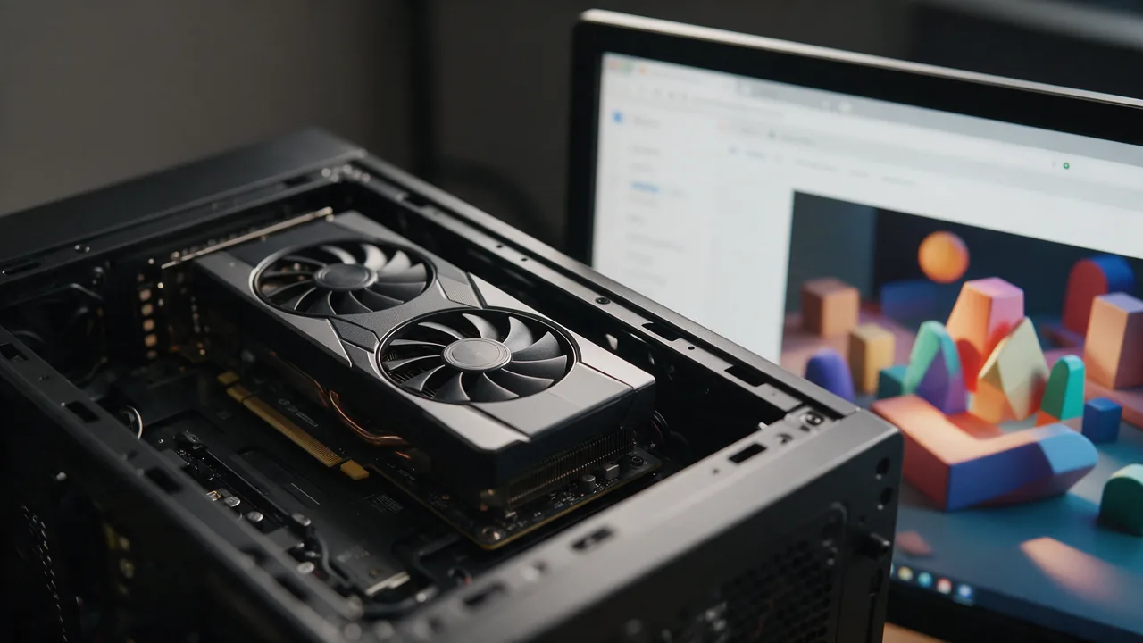 Graphics card in an open PC case beside a monitor with a colourful 3D scene