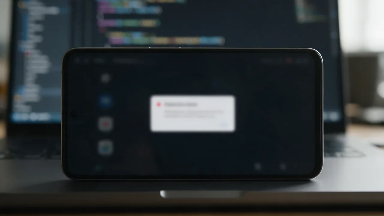 Smartphone held sideways showing an error dialog in front of a laptop with blurred code