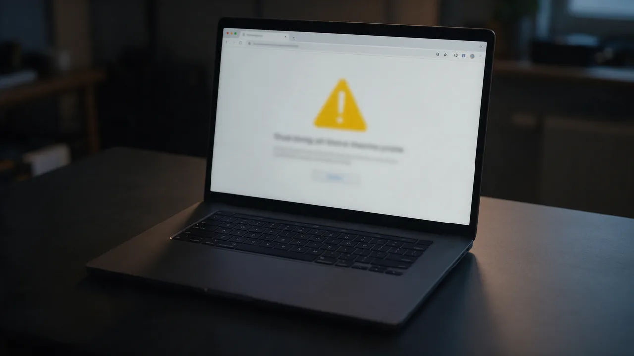 Laptop in a dim room showing a browser security warning page with a yellow warning triangle